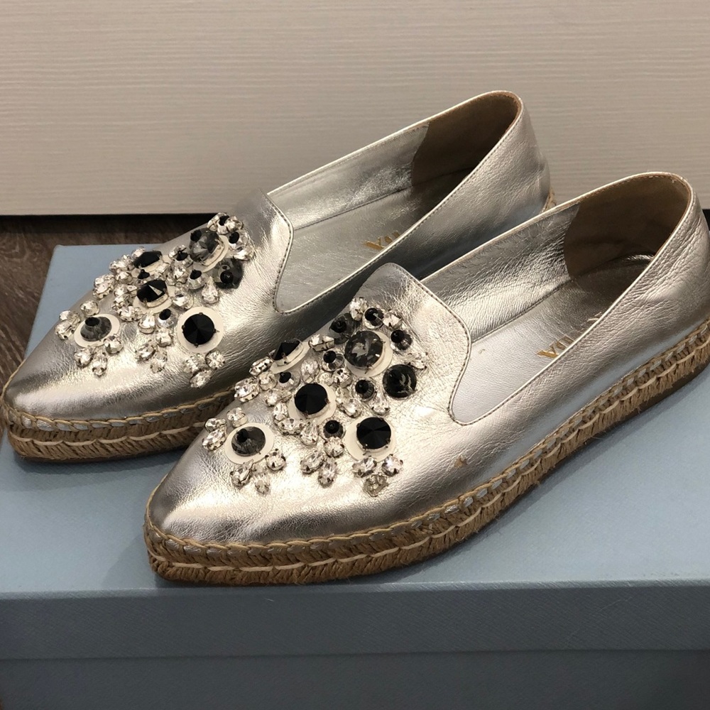 PRADA ESPADRILLE SILVER WITH CRYSTALS